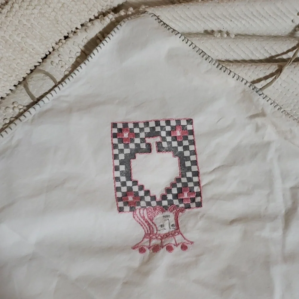 Vintage Card table cover. Handstitched pink an yellow.
